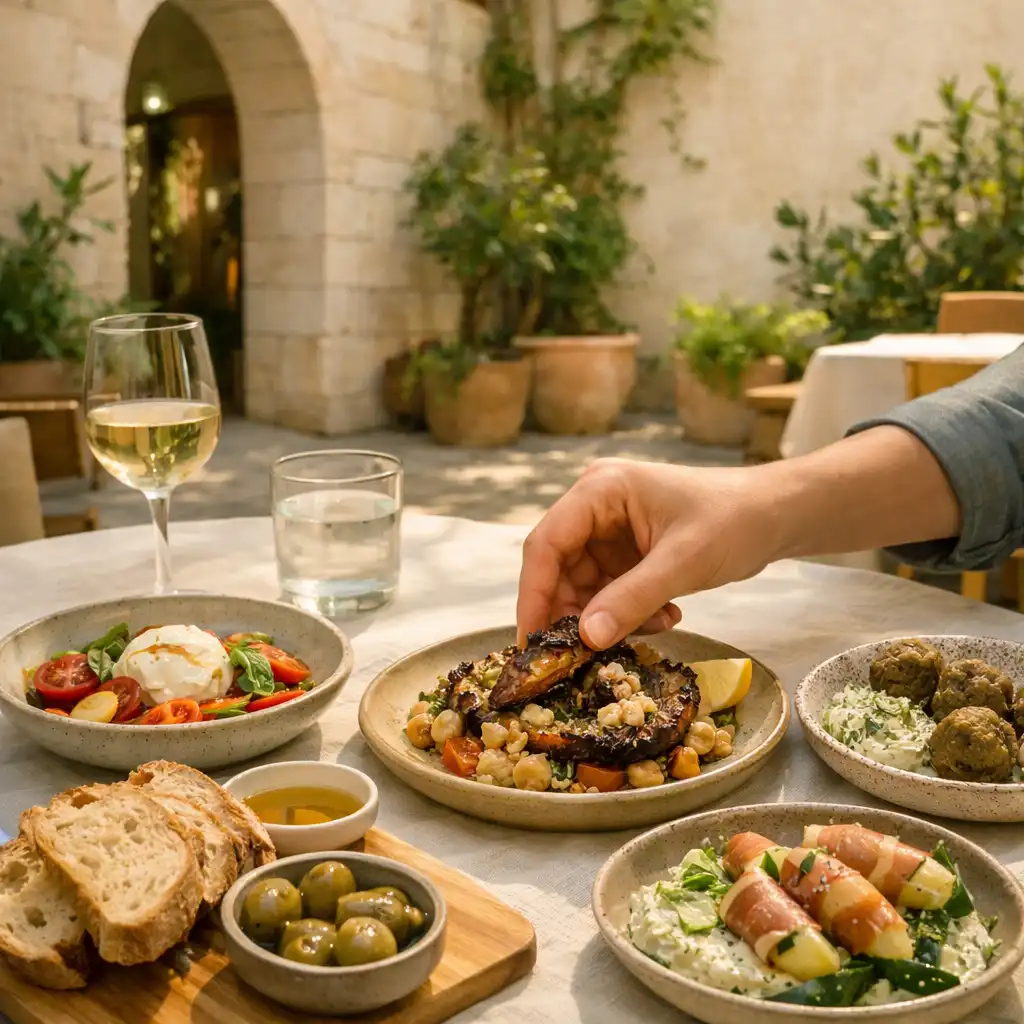 Vendég keze megosztásra szánt fogások felé nyúl egy világos, íves udvari asztalnál