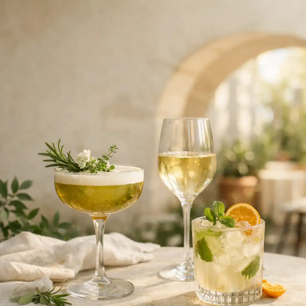 Kreatív koktél, borospohár és alkoholmentes ital pale stone asztalon, lágy udvari háttérrel