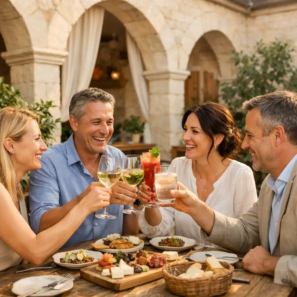 Vendégek borral és alkoholmentes italokkal koccintanak egy világos éttermi udvarban